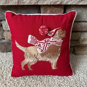 Pier One Festive Red Golden Retriever Dog Holiday Pillow Pom Pom 11”x11”